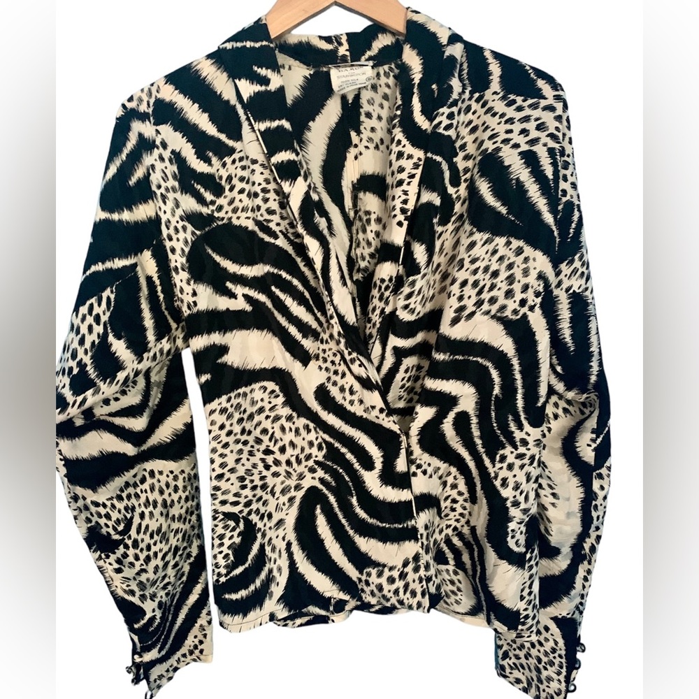 Vintage Francesca of Damon For Starington Wrap Silk Blouse Black White Size 6